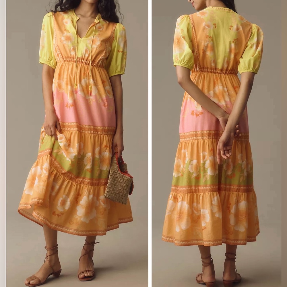 Farm Rio Floral Short-Sleeve Tiered Midi Dress, Size S